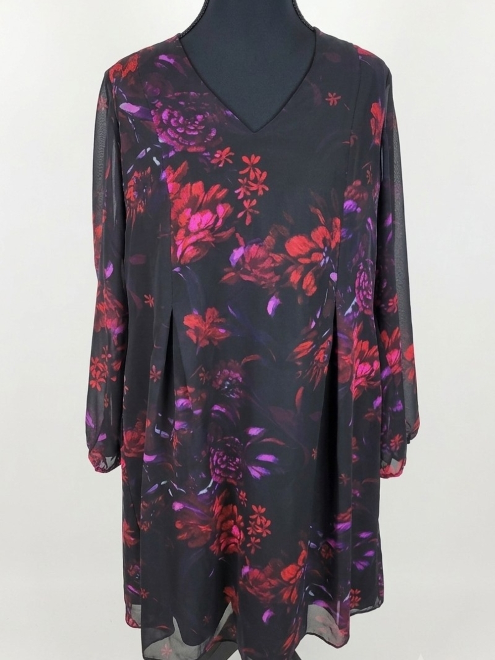 Nine West Floral V-Neck Chiffon Shift Dress - Black with Red & Purple Floral
